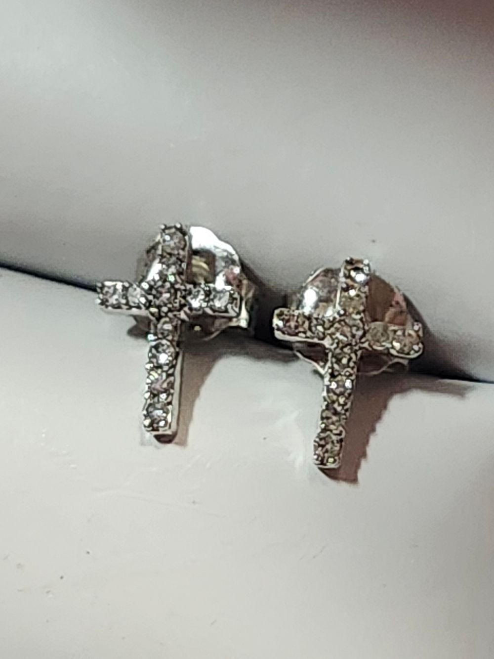 14K Solid White Gold And Topaz Stud Cross Earrings